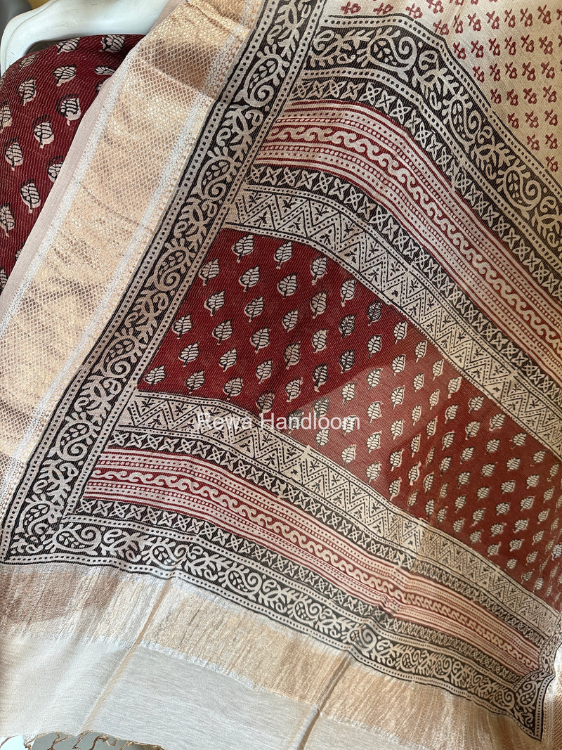 Maheshwari Maroon-white Bagh Print Tissue Top-Dupatta Set BPTS020
