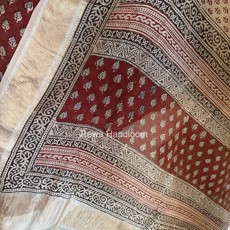 Maheshwari Maroon-white Bagh Print Tissue Top-Dupatta Set BPTS020
