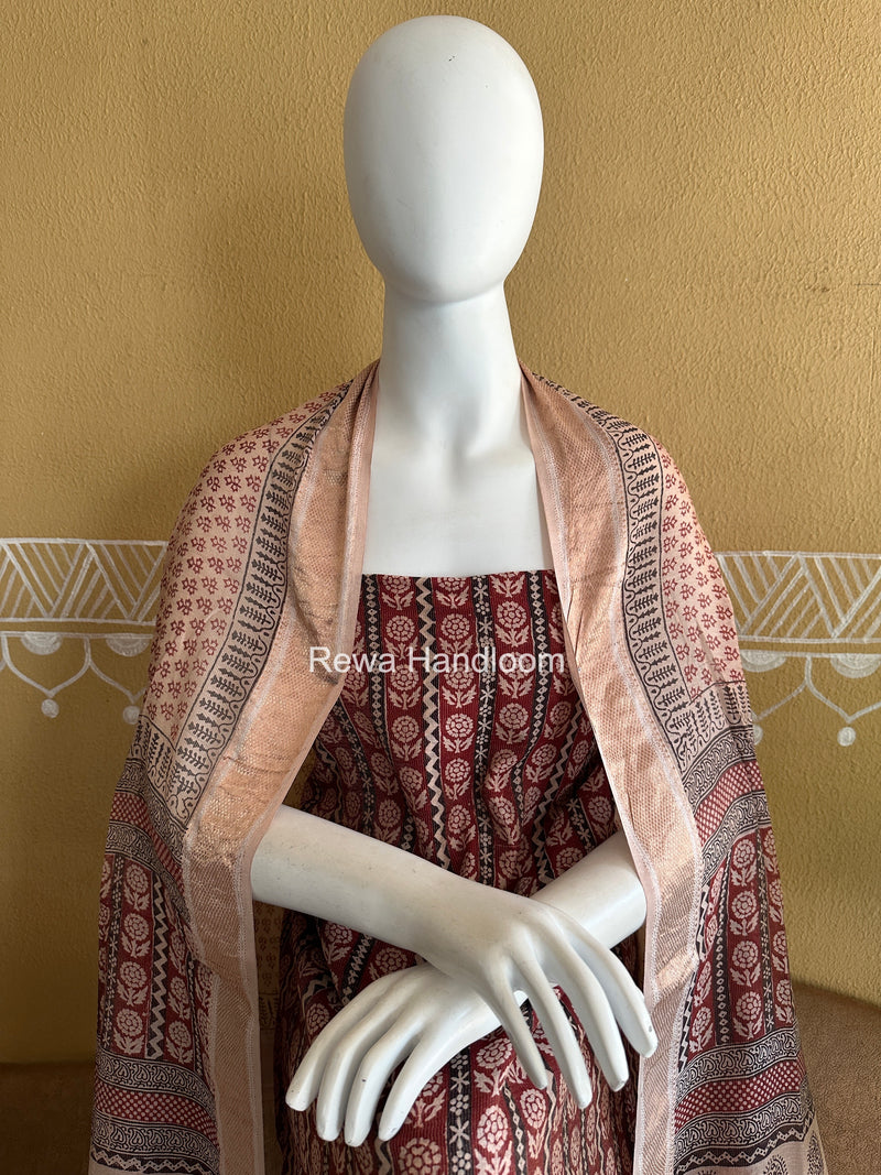 Maheshwari Maroon-white Bagh Print Tissue Top-Dupatta Set BPTS019
