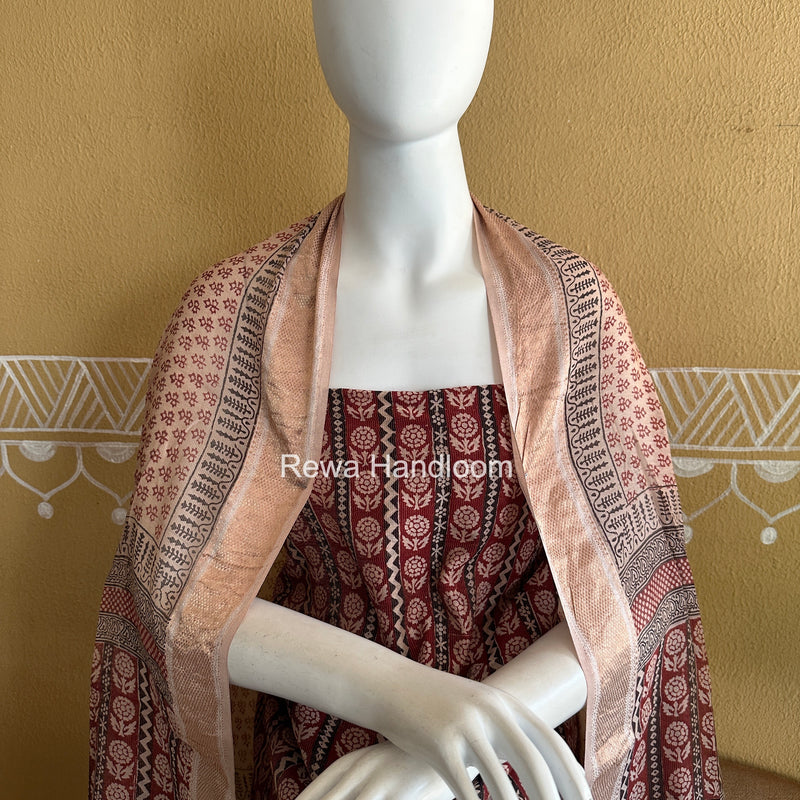 Maheshwari Maroon-white Bagh Print Tissue Top-Dupatta Set BPTS019