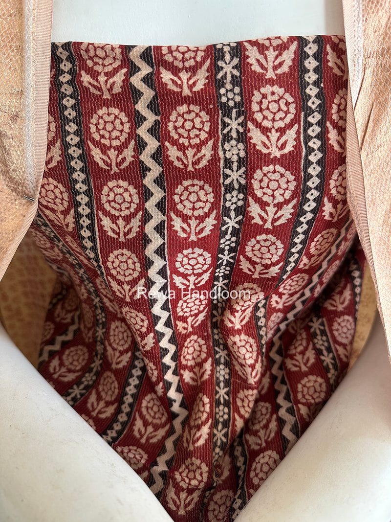 Maheshwari Maroon-white Bagh Print Tissue Top-Dupatta Set BPTS019