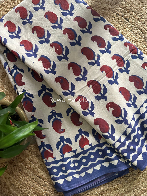 Off White-Blue Cotton Printed Saree CS038