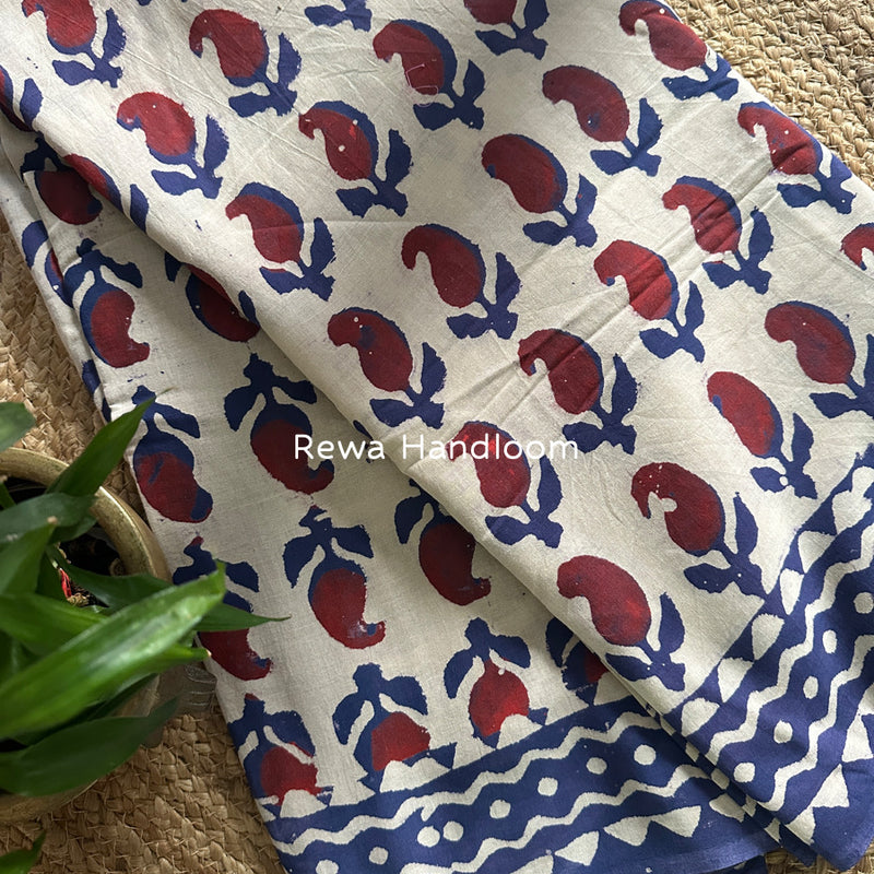 Off White-Blue Cotton Printed Saree CS038
