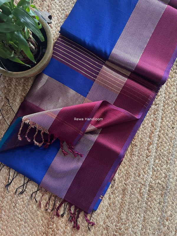 Maheshwari Blue Resham Thread Border Saree ZRBS01 Rewa Handloom