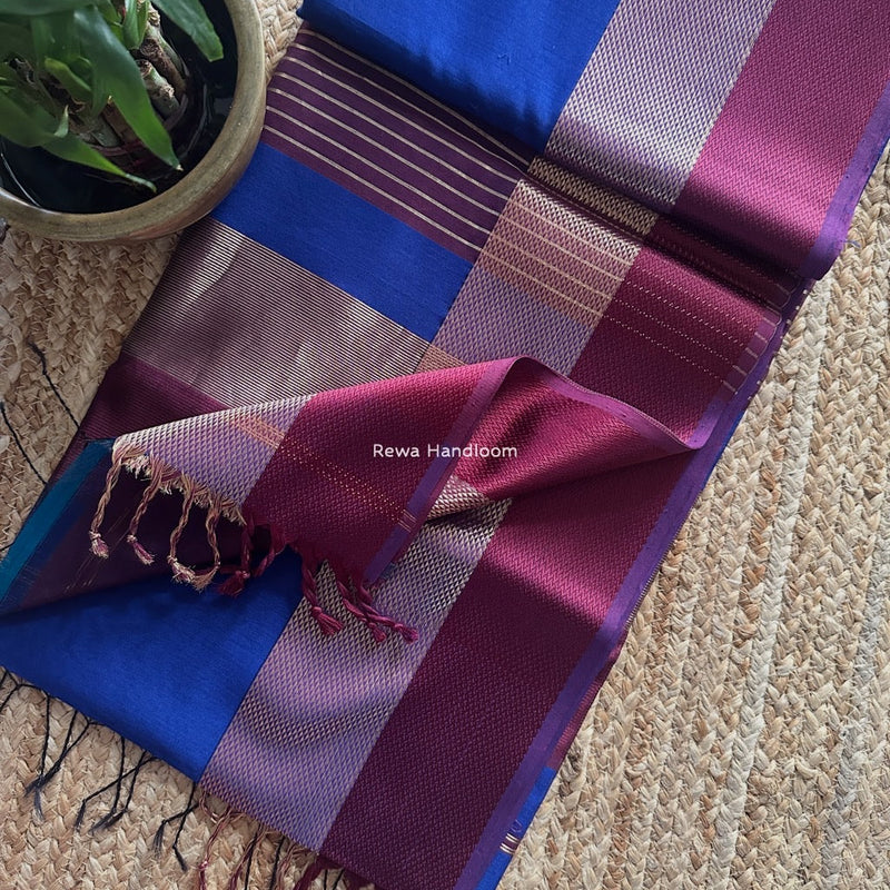 Maheshwari Blue Resham Thread Border Saree ZRBS01 Rewa Handloom
