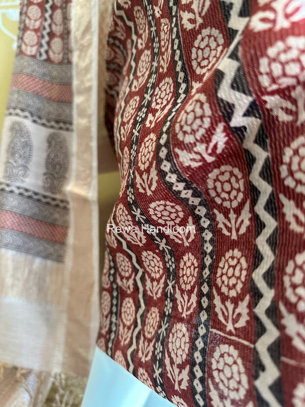 Maheshwari Maroon-white Bagh Print Tissue Top-Dupatta Set BPTS019