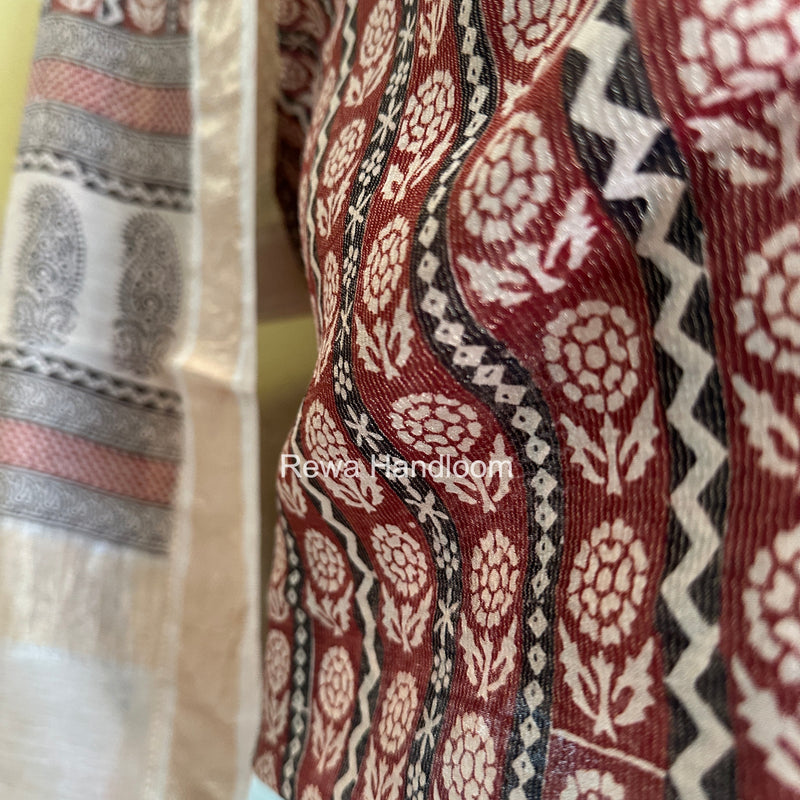 Maheshwari Maroon-white Bagh Print Tissue Top-Dupatta Set BPTS019