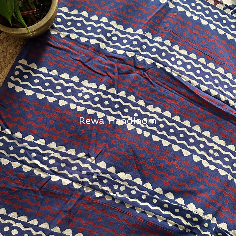 Off White-Blue Cotton Printed Saree CS038