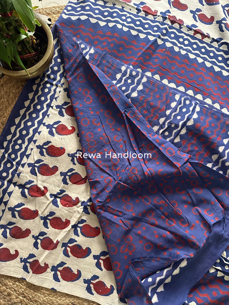 Off White-Blue Cotton Printed Saree CS038