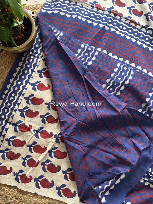 Off White-Blue Cotton Printed Saree CS038
