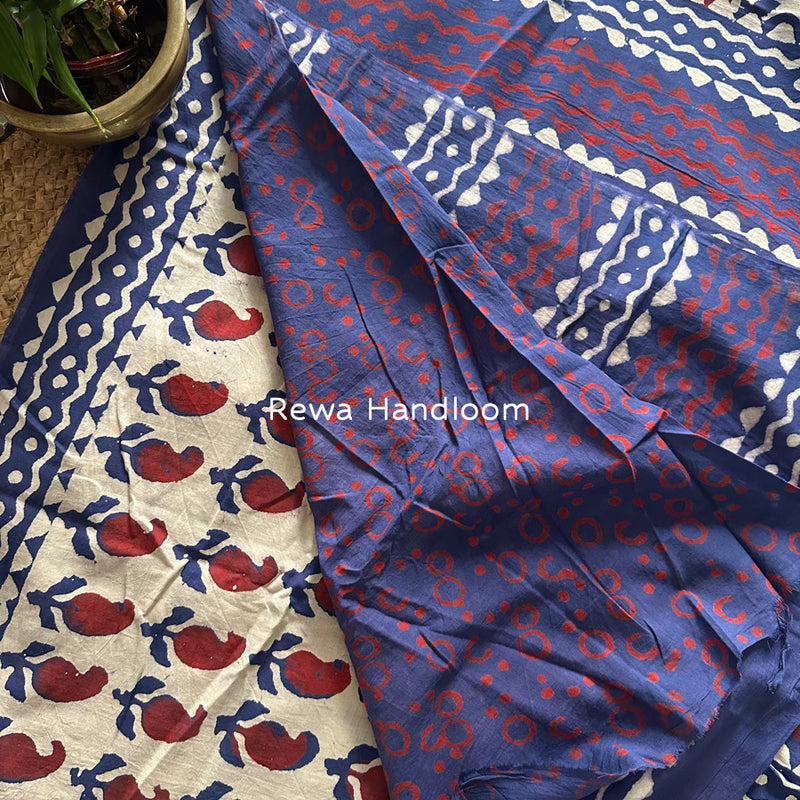 Off White-Blue Cotton Printed Saree CS038