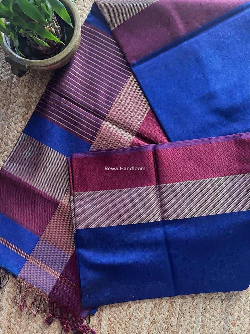 Maheshwari Blue Resham Thread Border Saree ZRBS01 Rewa Handloom