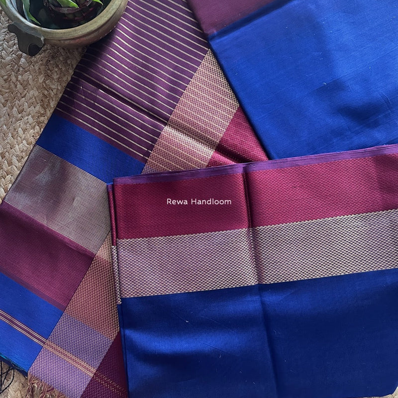 Maheshwari Blue Resham Thread Border Saree ZRBS01 Rewa Handloom