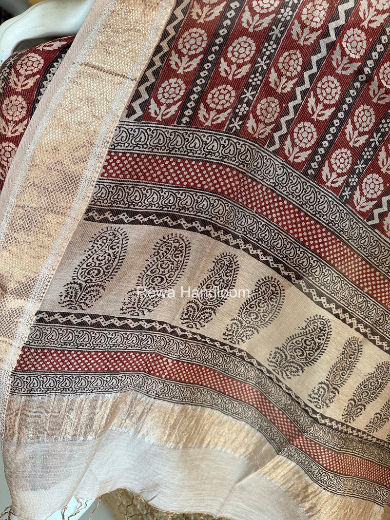 Maheshwari Maroon-white Bagh Print Tissue Top-Dupatta Set BPTS019
