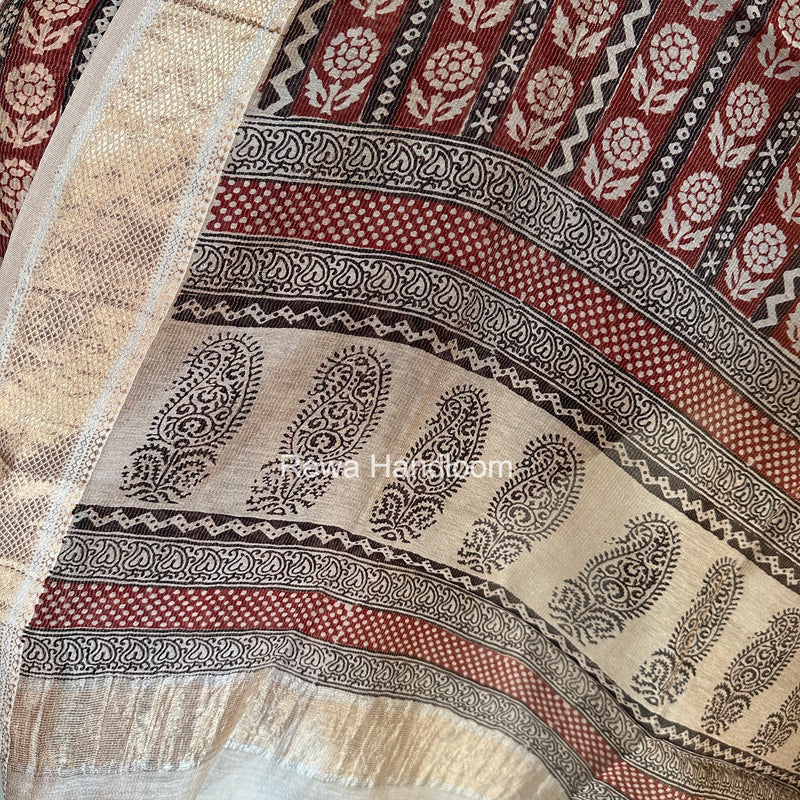 Maheshwari Maroon-white Bagh Print Tissue Top-Dupatta Set BPTS019