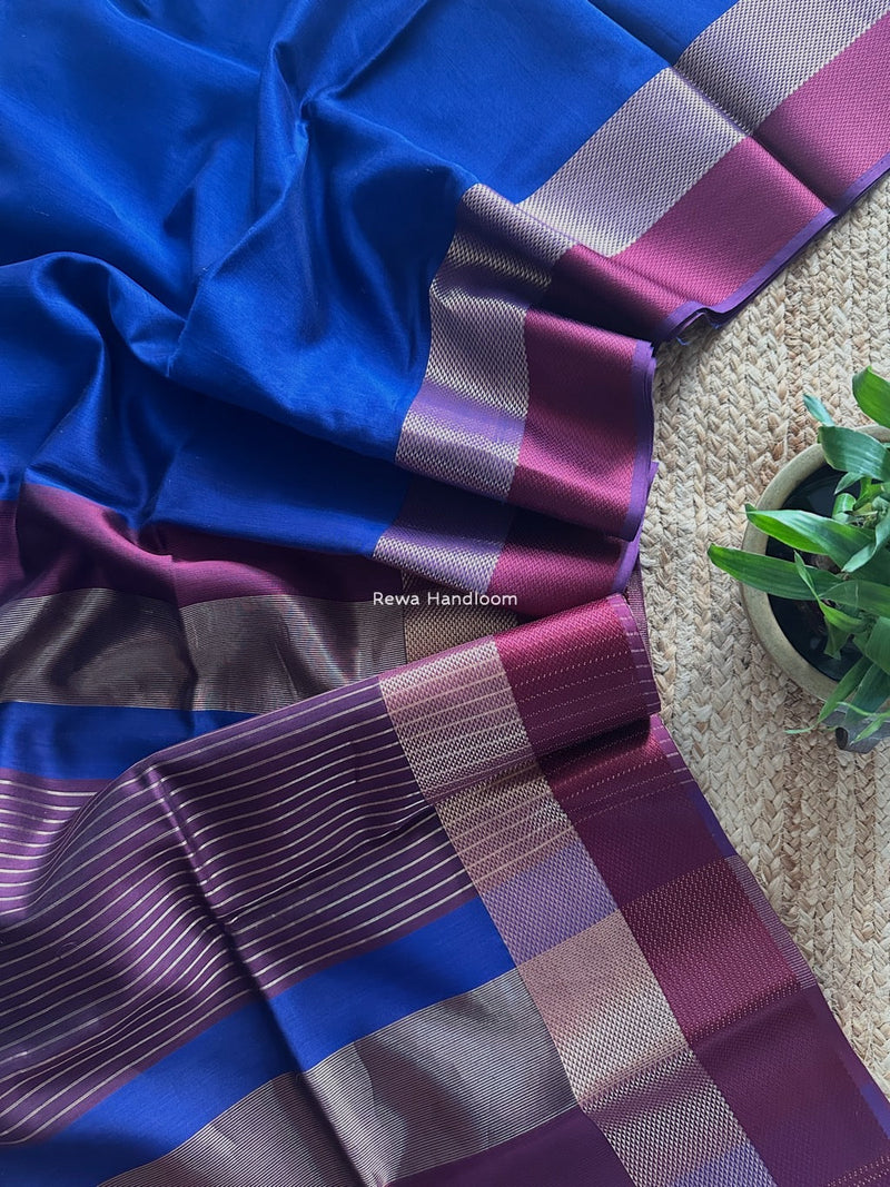 Maheshwari Blue Resham Thread Border Saree ZRBS01 Rewa Handloom