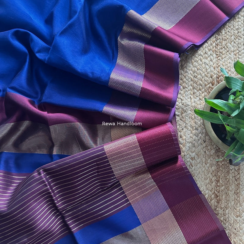 Maheshwari Blue Resham Thread Border Saree ZRBS01 Rewa Handloom