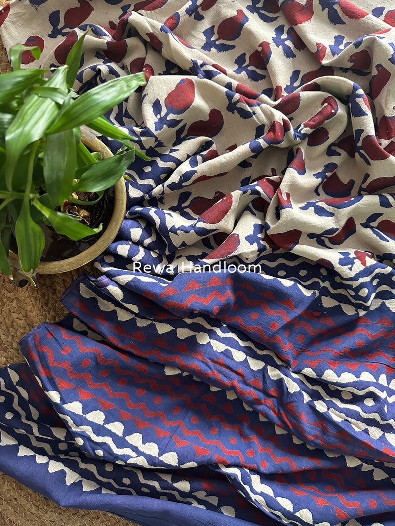 Off White-Blue Cotton Printed Saree CS038