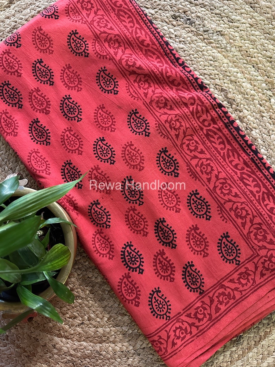 Orange Peach Bagh Print Cotton Saree NCBP40