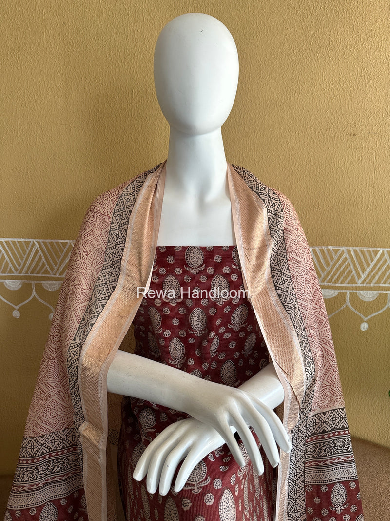 Maheshwari Maroon-White Bagh Print Tissue Top-Dupatta Set BPTS016