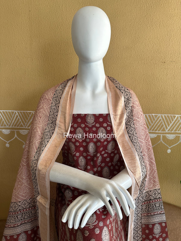 Maheshwari Maroon-White Bagh Print Tissue Top-Dupatta Set BPTS016