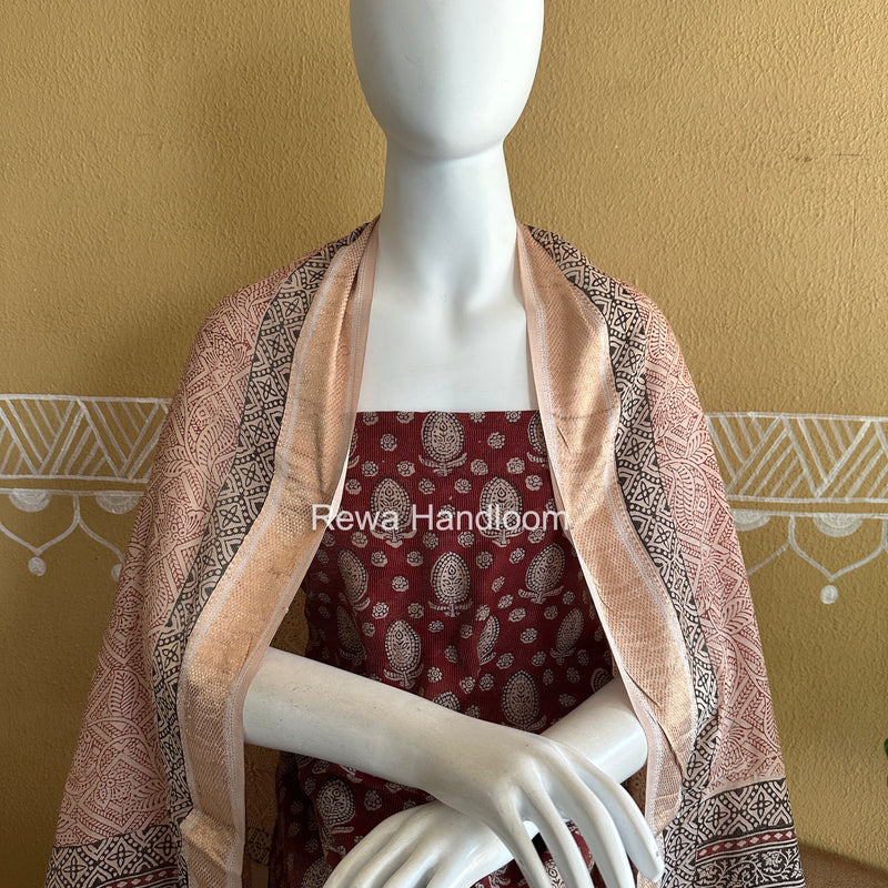Maheshwari Maroon-White Bagh Print Tissue Top-Dupatta Set BPTS016