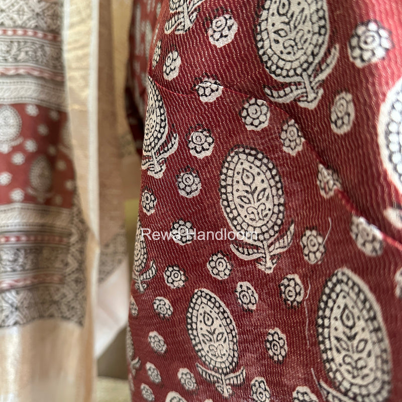 Maheshwari Maroon-White Bagh Print Tissue Top-Dupatta Set BPTS016