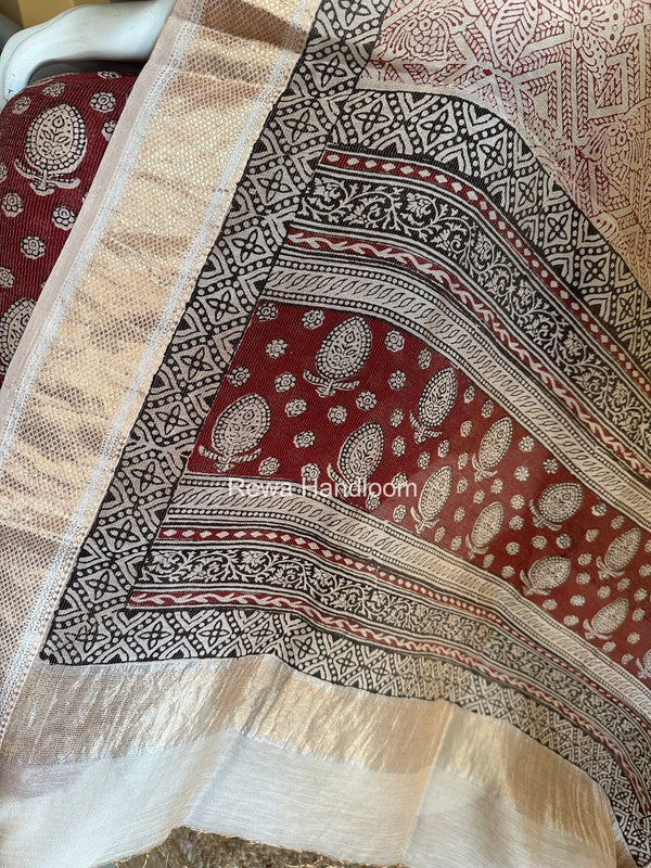 Maheshwari Maroon-White Bagh Print Tissue Top-Dupatta Set BPTS016
