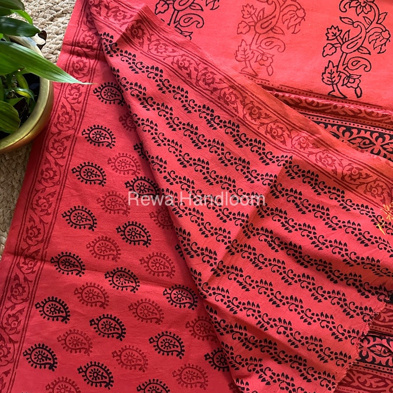 Orange Peach Bagh Print Cotton Saree NCBP40