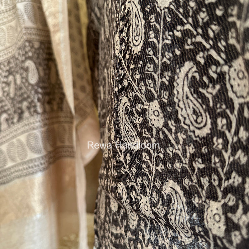 Maheshwari Black-White Bagh Print Tissue Top-Dupatta Set BPTS017