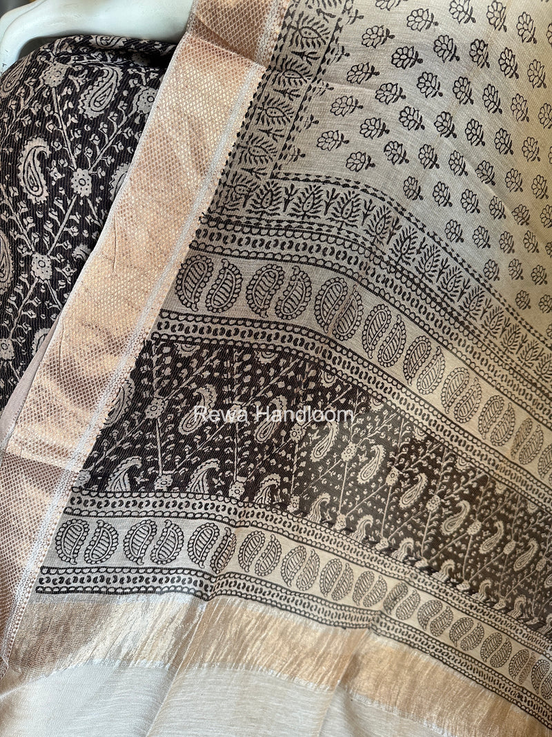 Maheshwari Black-White Bagh Print Tissue Top-Dupatta Set BPTS017