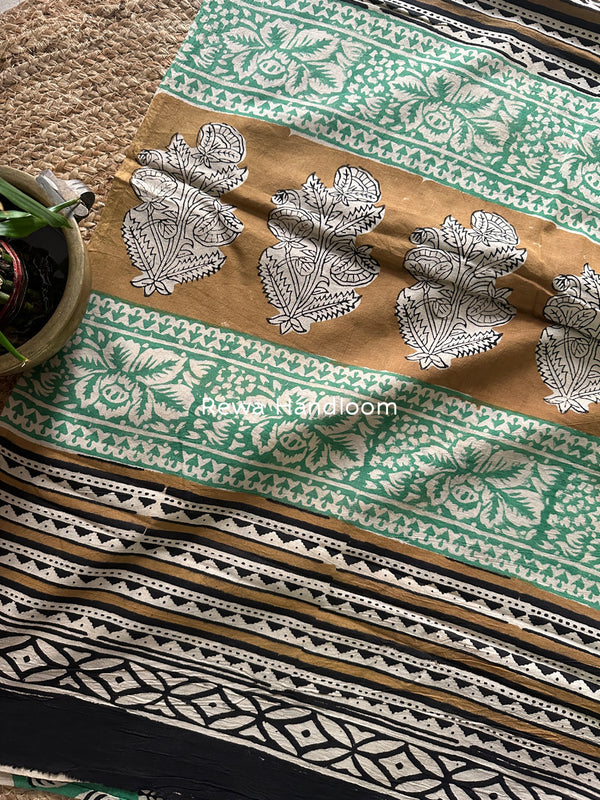 Green-Black Cotton Printed Saree CS039