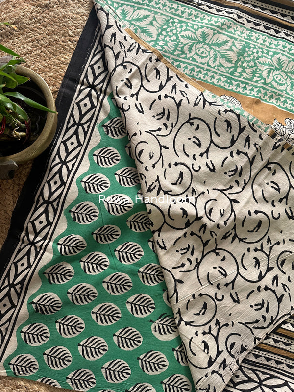 Green-Black Cotton Printed Saree CS039