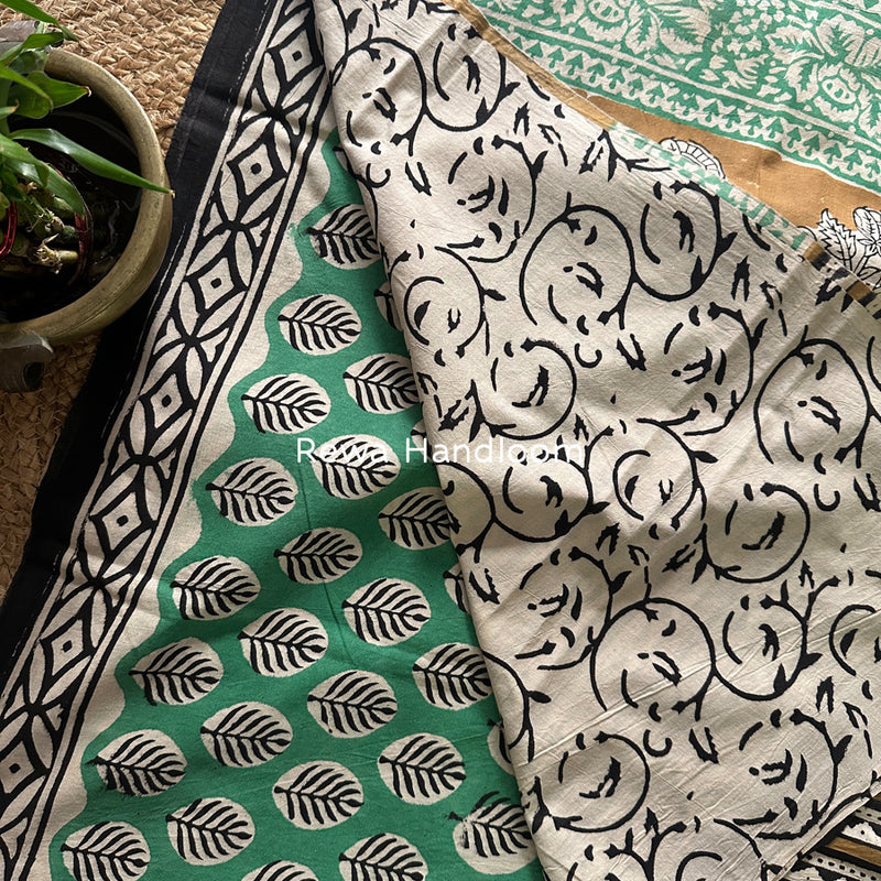 Green-Black Cotton Printed Saree CS039
