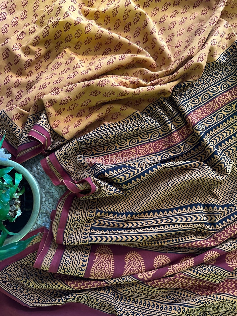 Yellow Bagh Print Cotton Saree NCBP38