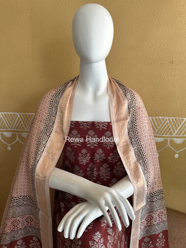 Maheshwari Maroon-white Bagh Print Tissue Top-Dupatta Set BPTS025