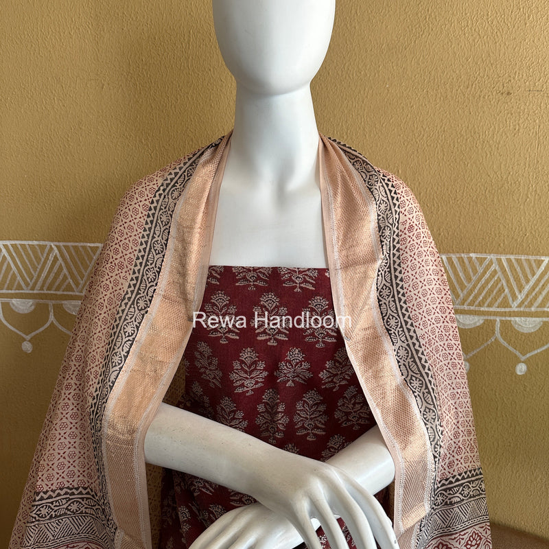 Maheshwari Maroon-white Bagh Print Tissue Top-Dupatta Set BPTS025