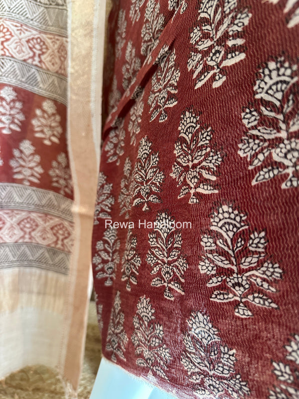 Maheshwari Maroon-white Bagh Print Tissue Top-Dupatta Set BPTS025