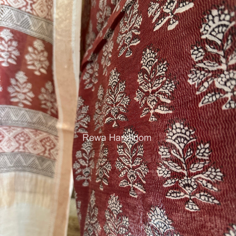 Maheshwari Maroon-white Bagh Print Tissue Top-Dupatta Set BPTS025