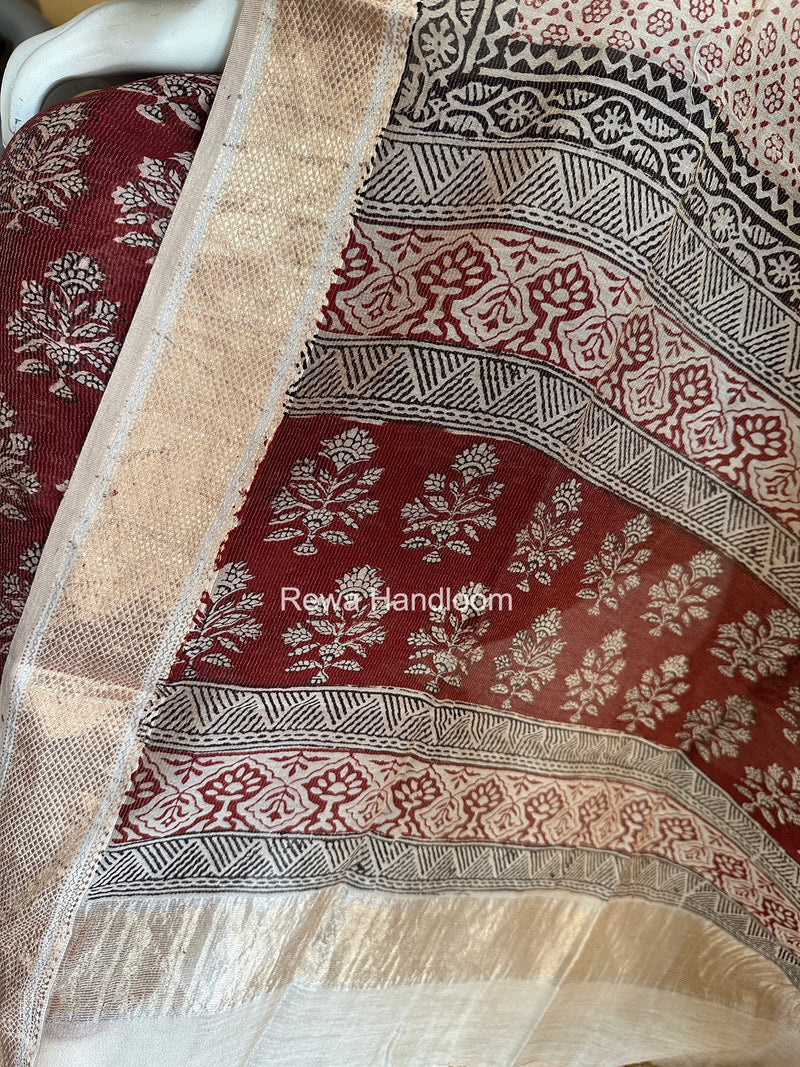 Maheshwari Maroon-white Bagh Print Tissue Top-Dupatta Set BPTS025