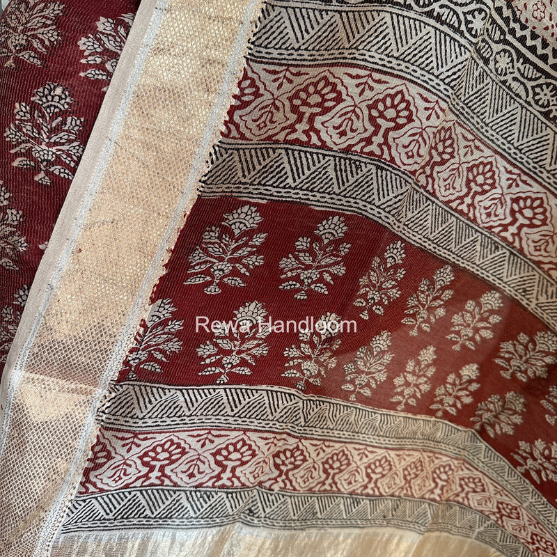 Maheshwari Maroon-white Bagh Print Tissue Top-Dupatta Set BPTS025