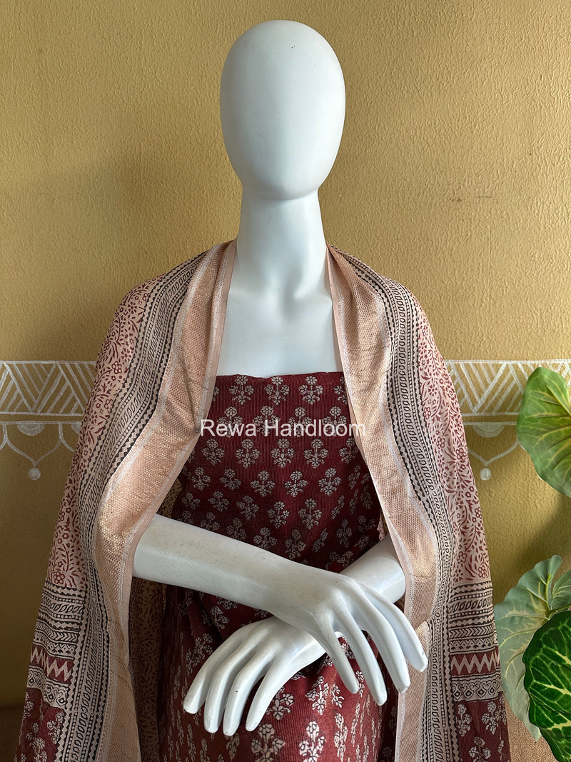 Maheshwari Maroon-white Bagh Print Tissue Top-Dupatta Set BPTS024