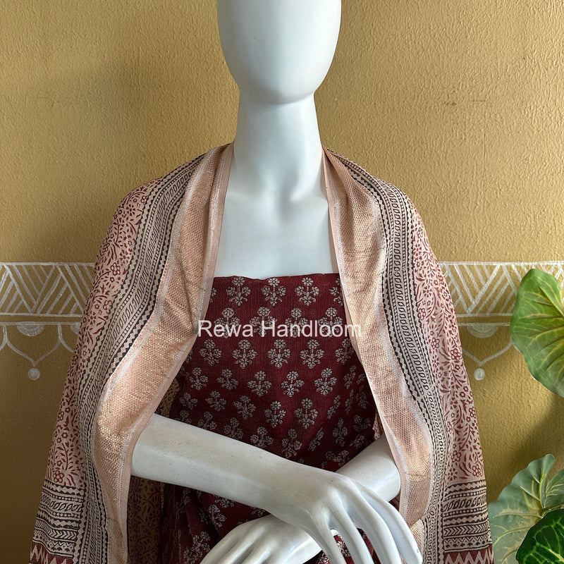 Maheshwari Maroon-white Bagh Print Tissue Top-Dupatta Set BPTS024