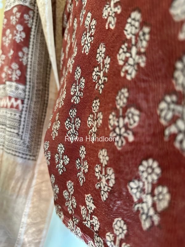 Maheshwari Maroon-white Bagh Print Tissue Top-Dupatta Set BPTS024