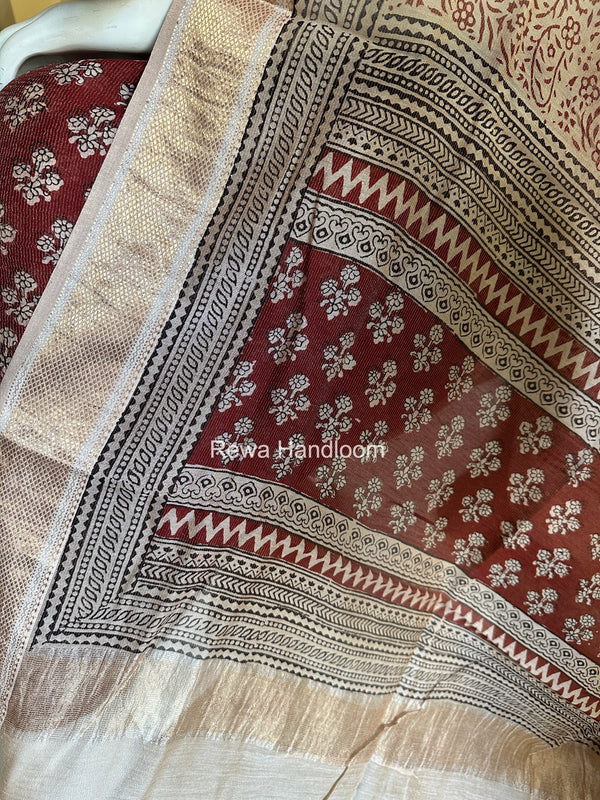 Maheshwari Maroon-white Bagh Print Tissue Top-Dupatta Set BPTS024