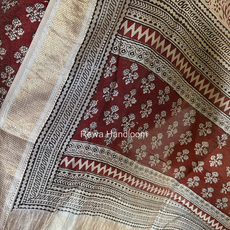 Maheshwari Maroon-white Bagh Print Tissue Top-Dupatta Set BPTS024
