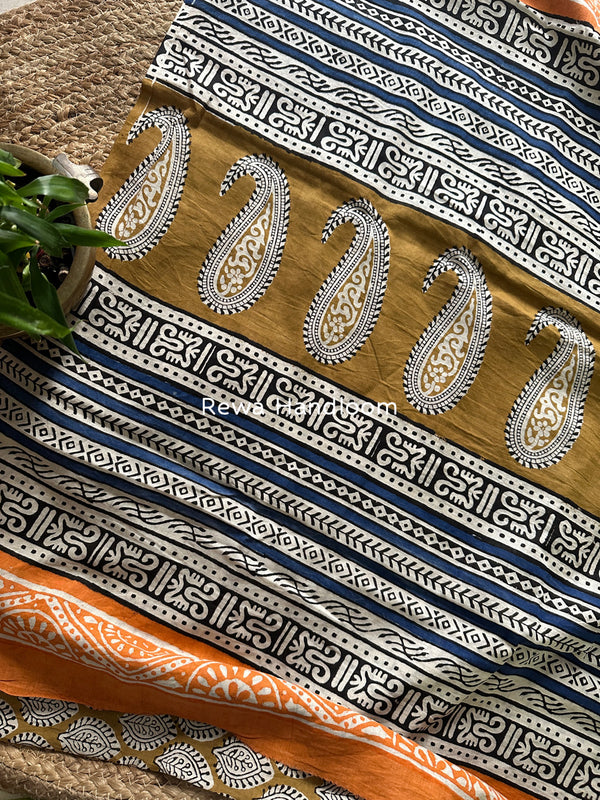 Golden Brown-Orange Cotton Printed Saree CS041