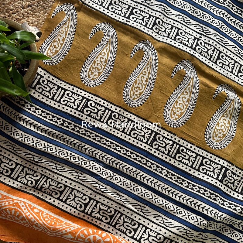 Golden Brown-Orange Cotton Printed Saree CS041