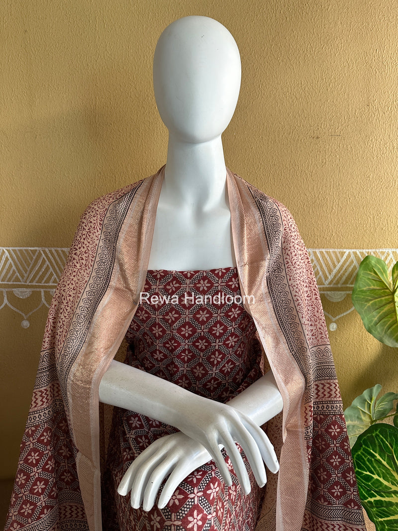 Maheshwari Maroon-white Bagh Print Tissue Top-Dupatta Set BPTS026