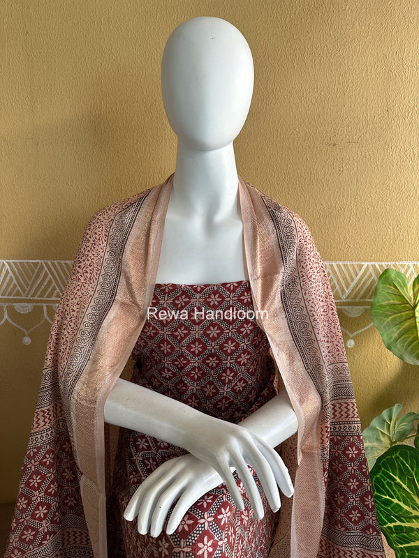 Maheshwari Maroon-white Bagh Print Tissue Top-Dupatta Set BPTS026